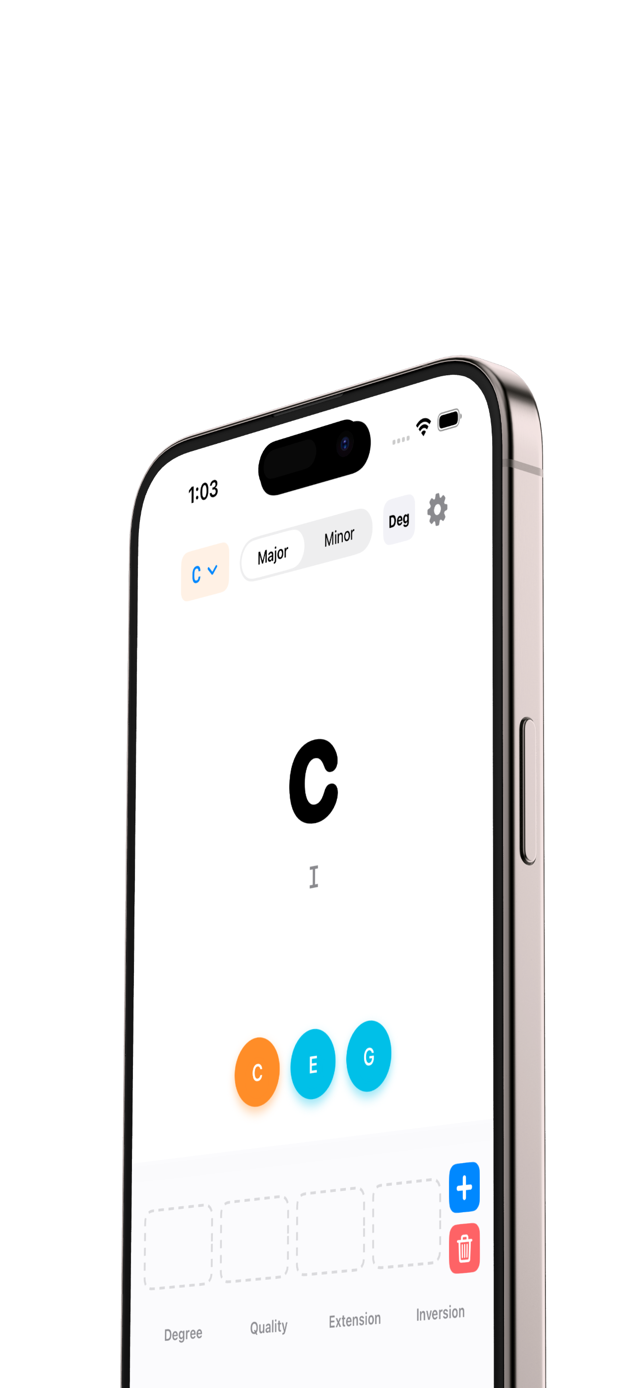 ScaleScout 主畫面顯示 C 和弦與組成音