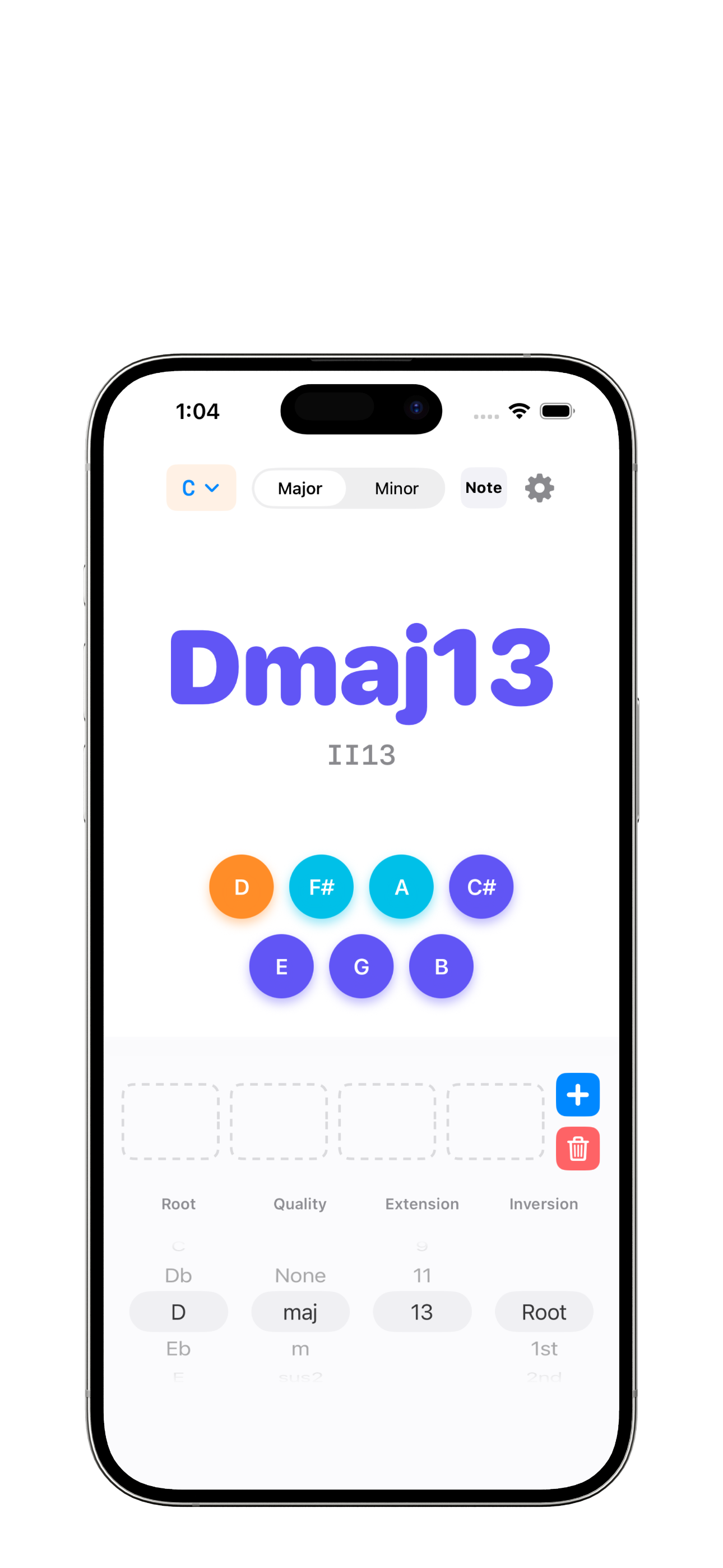 ScaleScout 顯示 Dmaj13 和弦與延伸音